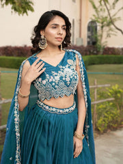 Dark Turquoise Beads Work Fendy Lehenga
