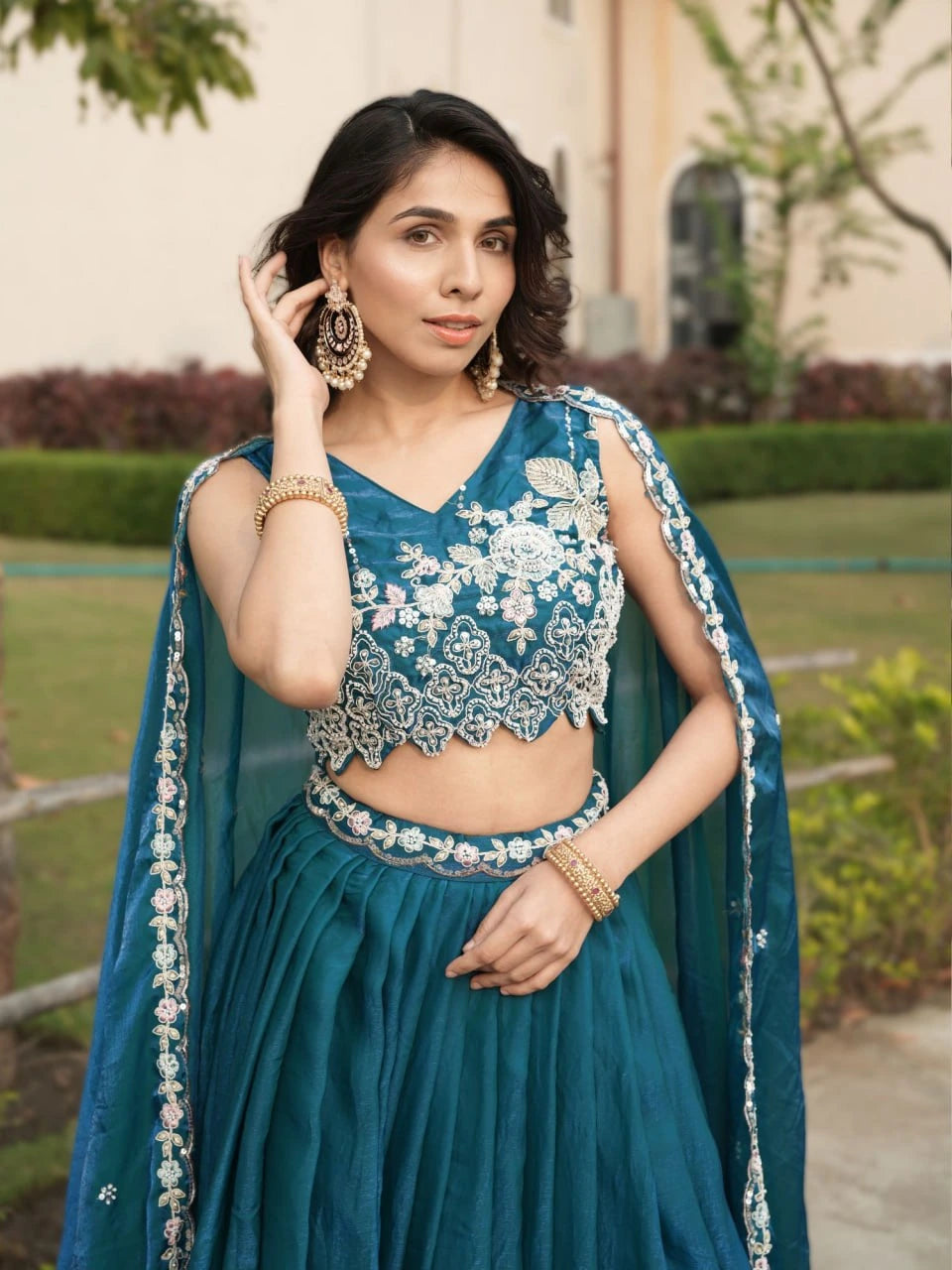 Dark Turquoise Beads Work Fendy Lehenga