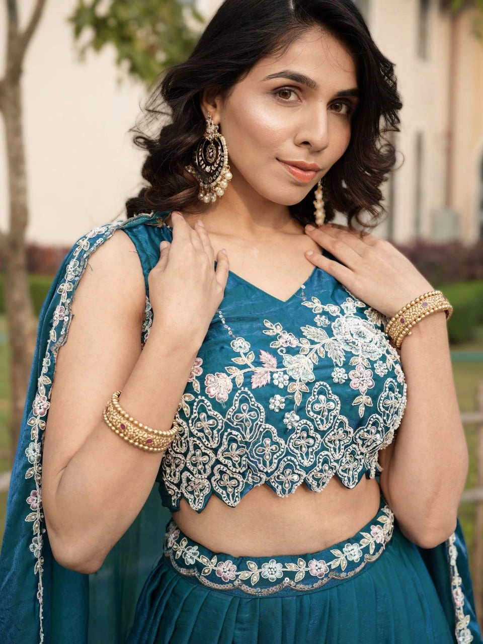 Dark Turquoise Beads Work Fendy Lehenga