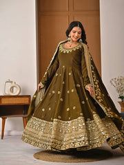 Woman wearing a traditional olive green dress with gold embroidery in a room setting.