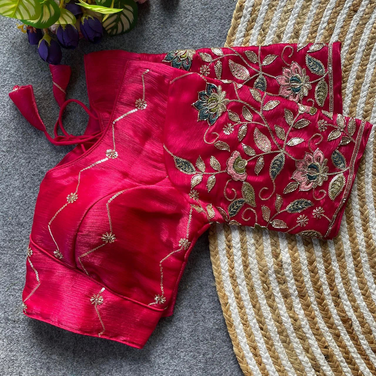 dark pink floral embroidered Banglori silk blouse