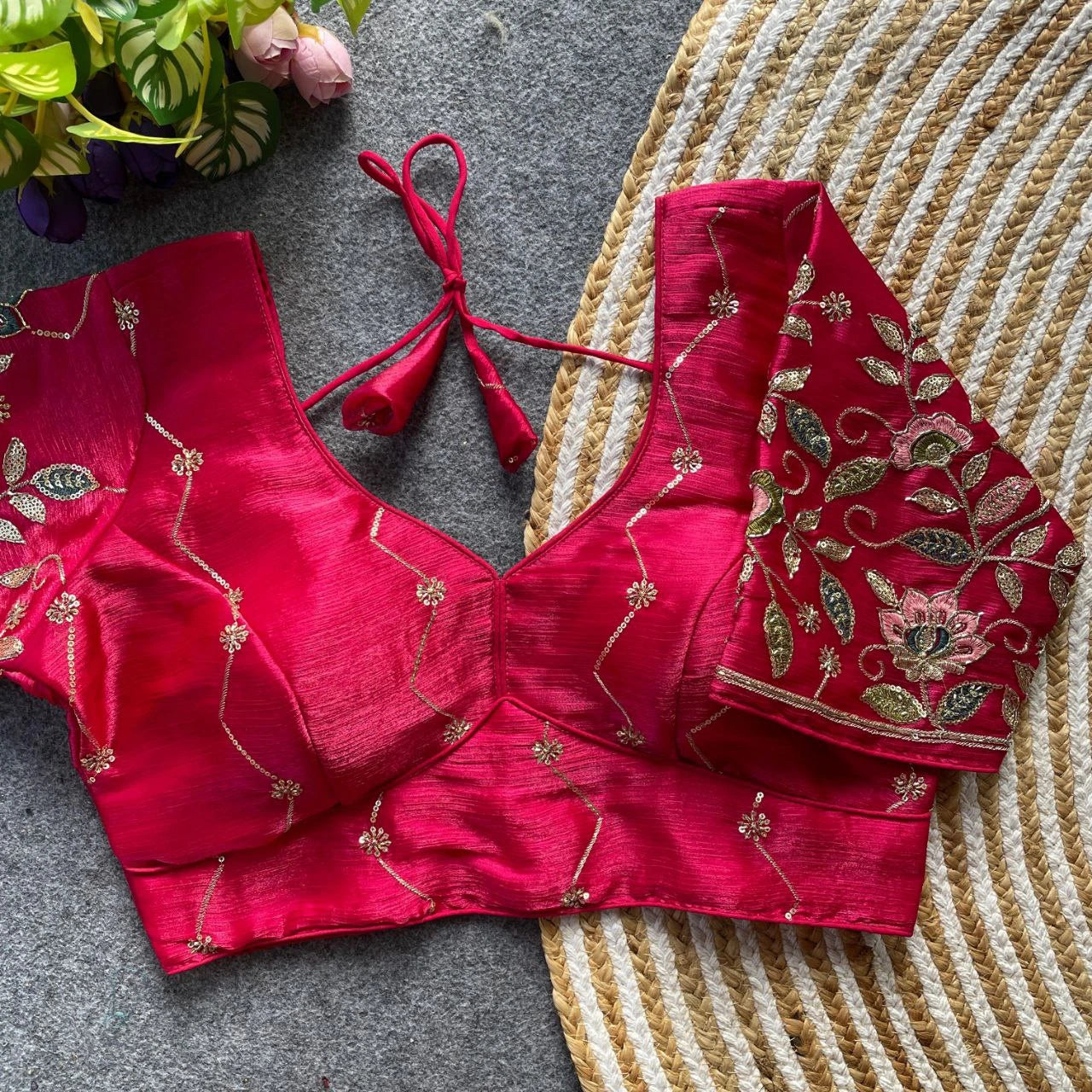 dark pink floral embroidered Banglori silk blouse