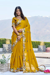 Mustard Yellow Satin Chiffon Saree