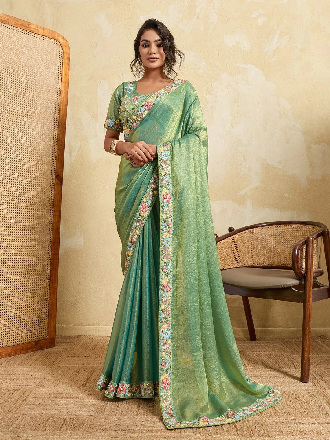 Light Pista Fendy Chiffon Saree