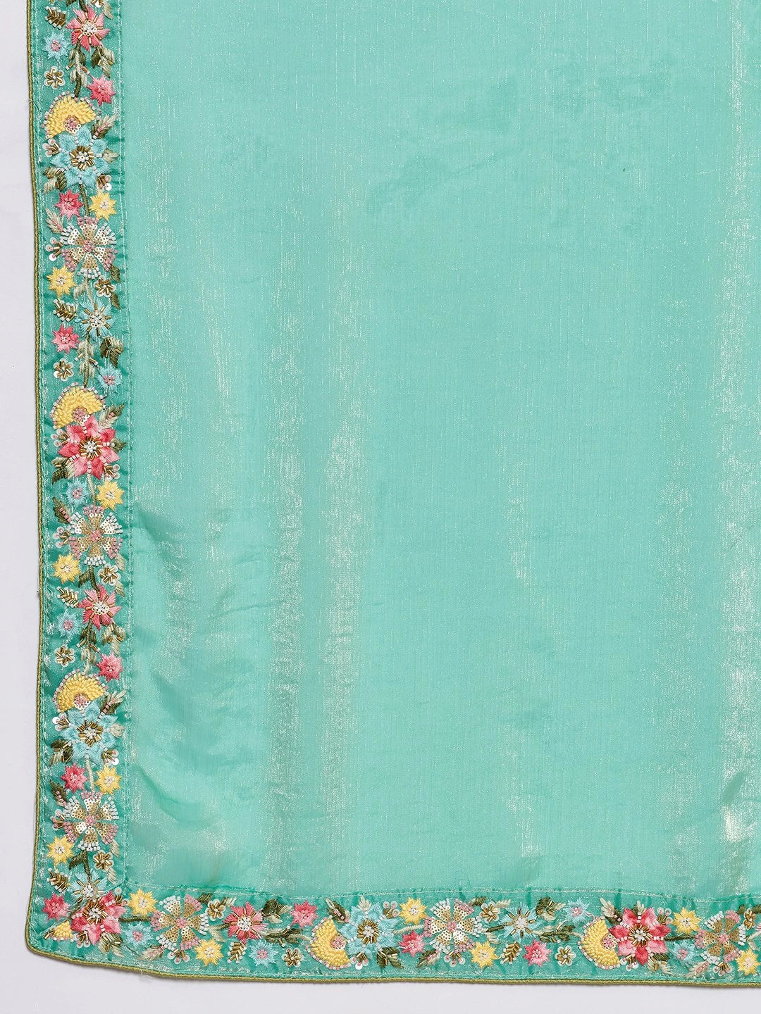 Turquoise fabric with floral embroidery along the edge