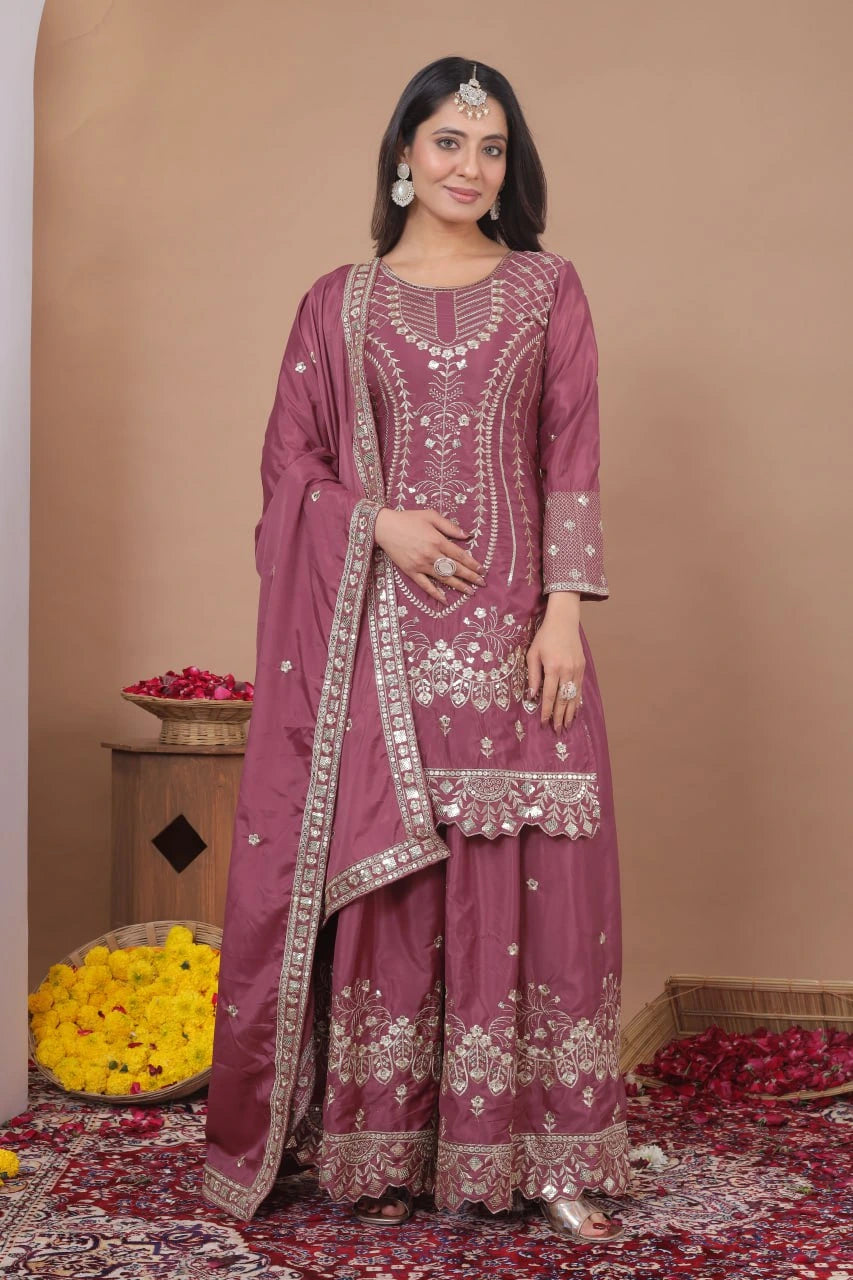 mauve-colored Pakistani crepe palazzo suit