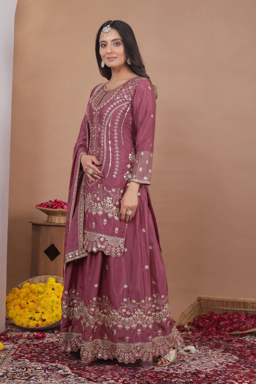 mauve-colored Pakistani crepe palazzo suit