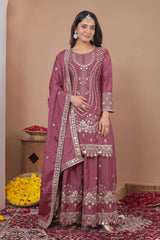 mauve-colored Pakistani crepe palazzo suit
