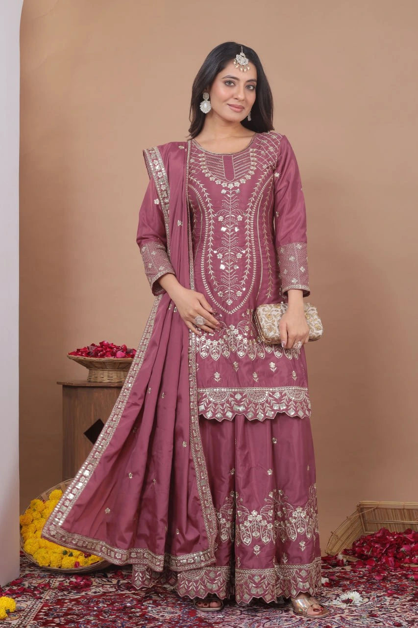 mauve-colored Pakistani crepe palazzo suit 