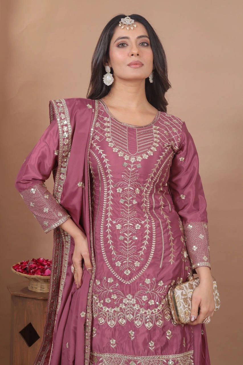 mauve-colored Pakistani crepe palazzo suit 