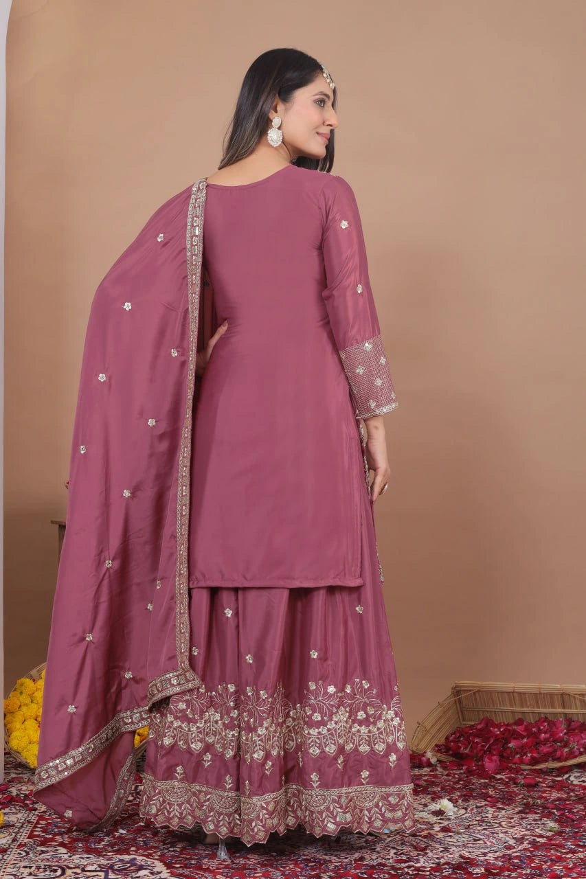 mauve-colored Pakistani crepe palazzo suit