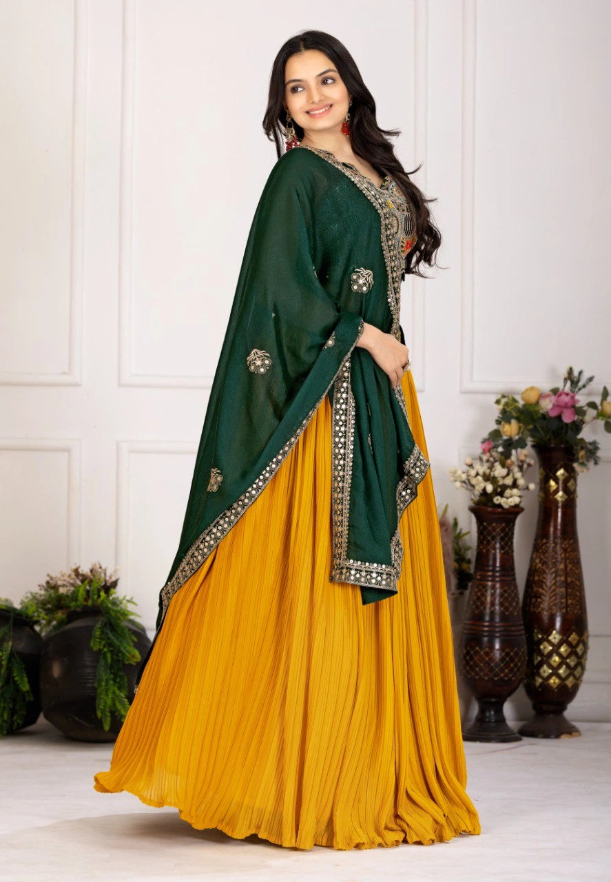 Woman wearing a green and yellow traditional outfit with a white background