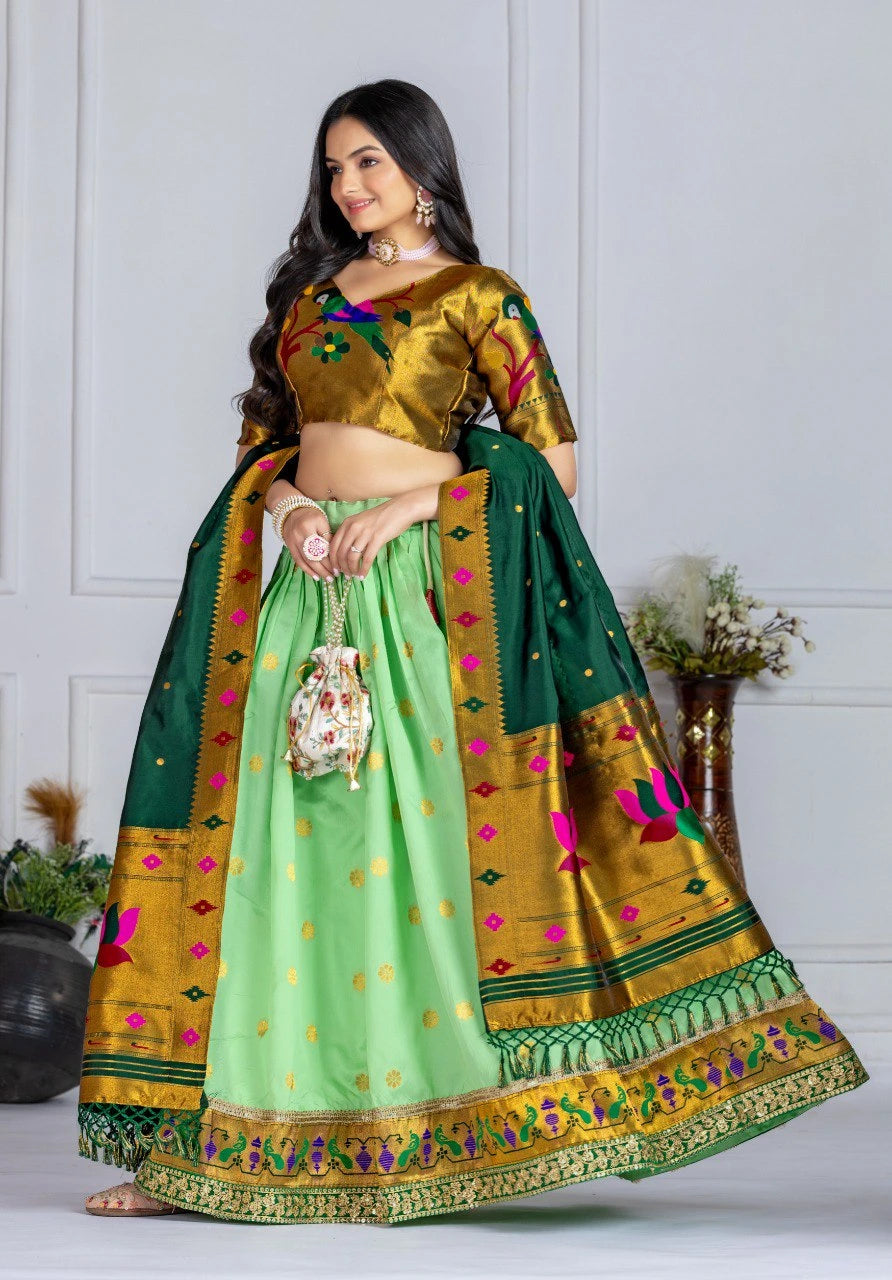 Woman wearing a traditional green and gold saree with a white background