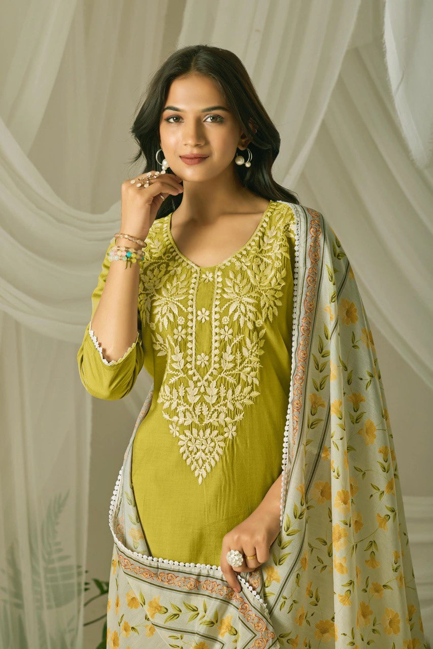 mehendi green embroidered kurti suit