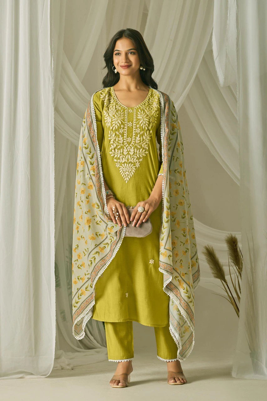 mehendi green embroidered kurti suit