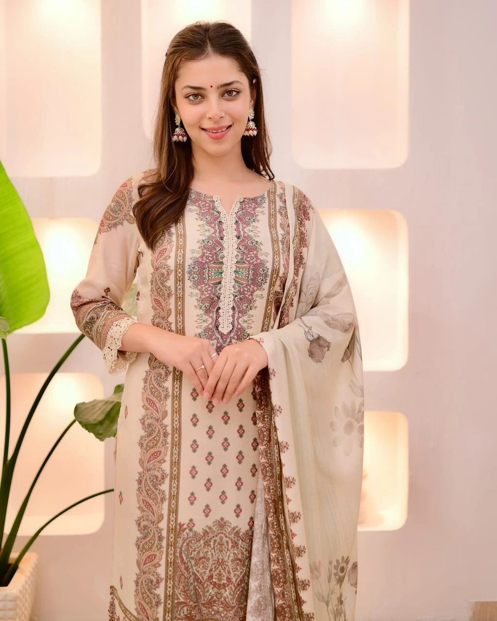 Woman wearing a cream-colored embroidered traditional outfit with a plant in the background