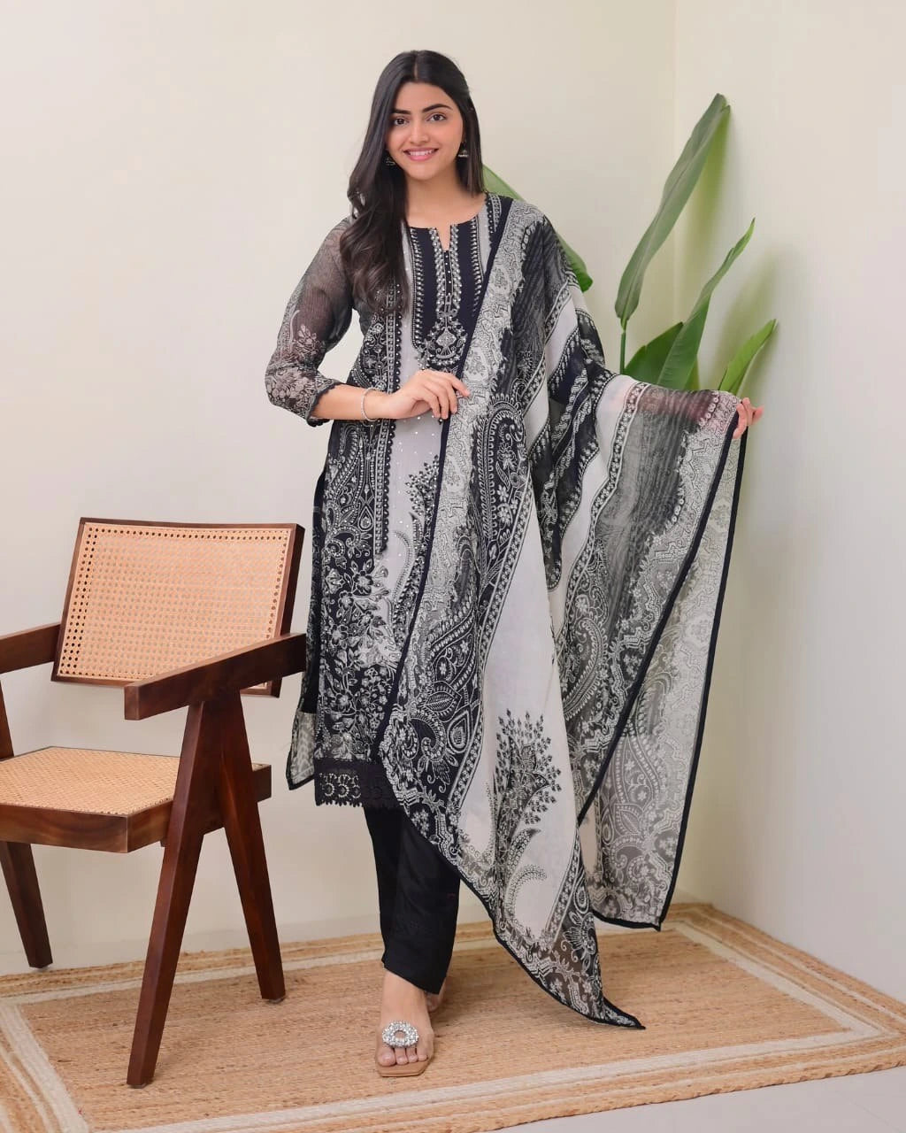 Woman holding a black and white patterned dupatta in a room with a chair and plant.