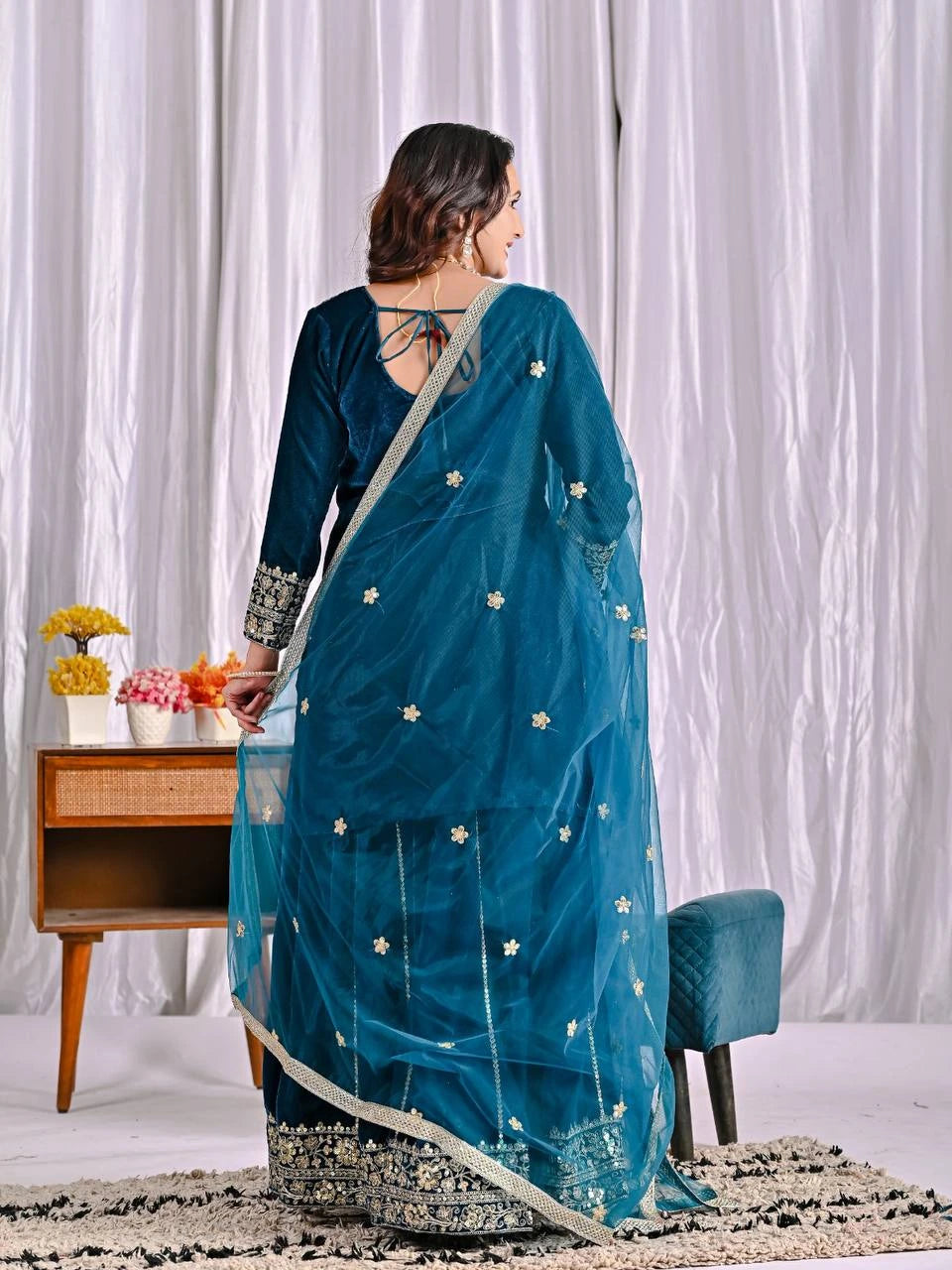 teal velvet embroidered sharara suit set