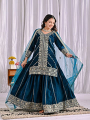 teal velvet embroidered sharara suit set
