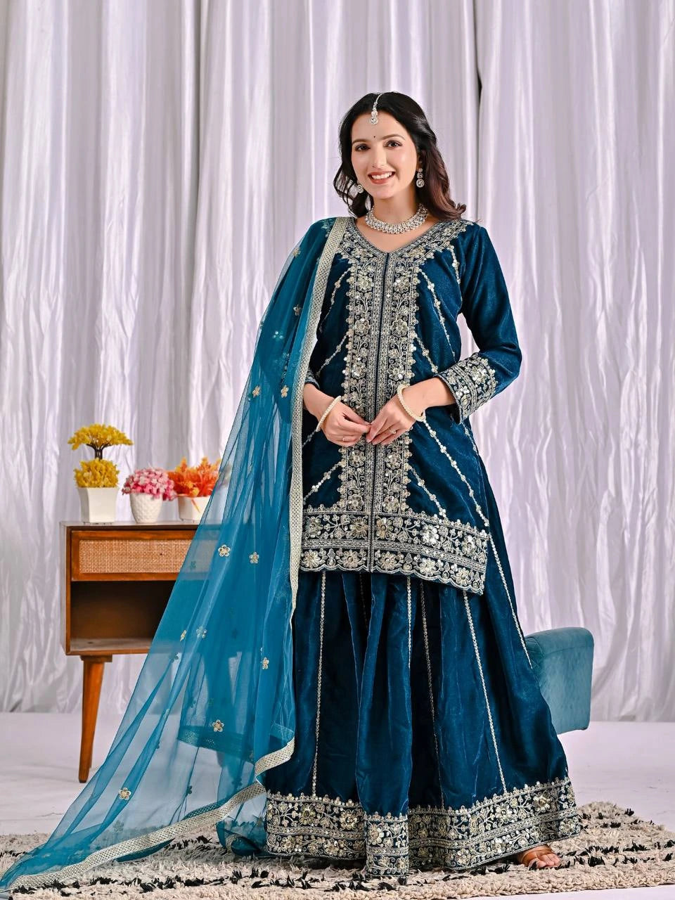 teal velvet embroidered sharara suit set