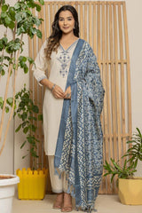 Woman wearing a white outfit with a blue patterned dupatta, standing indoors with plants around.