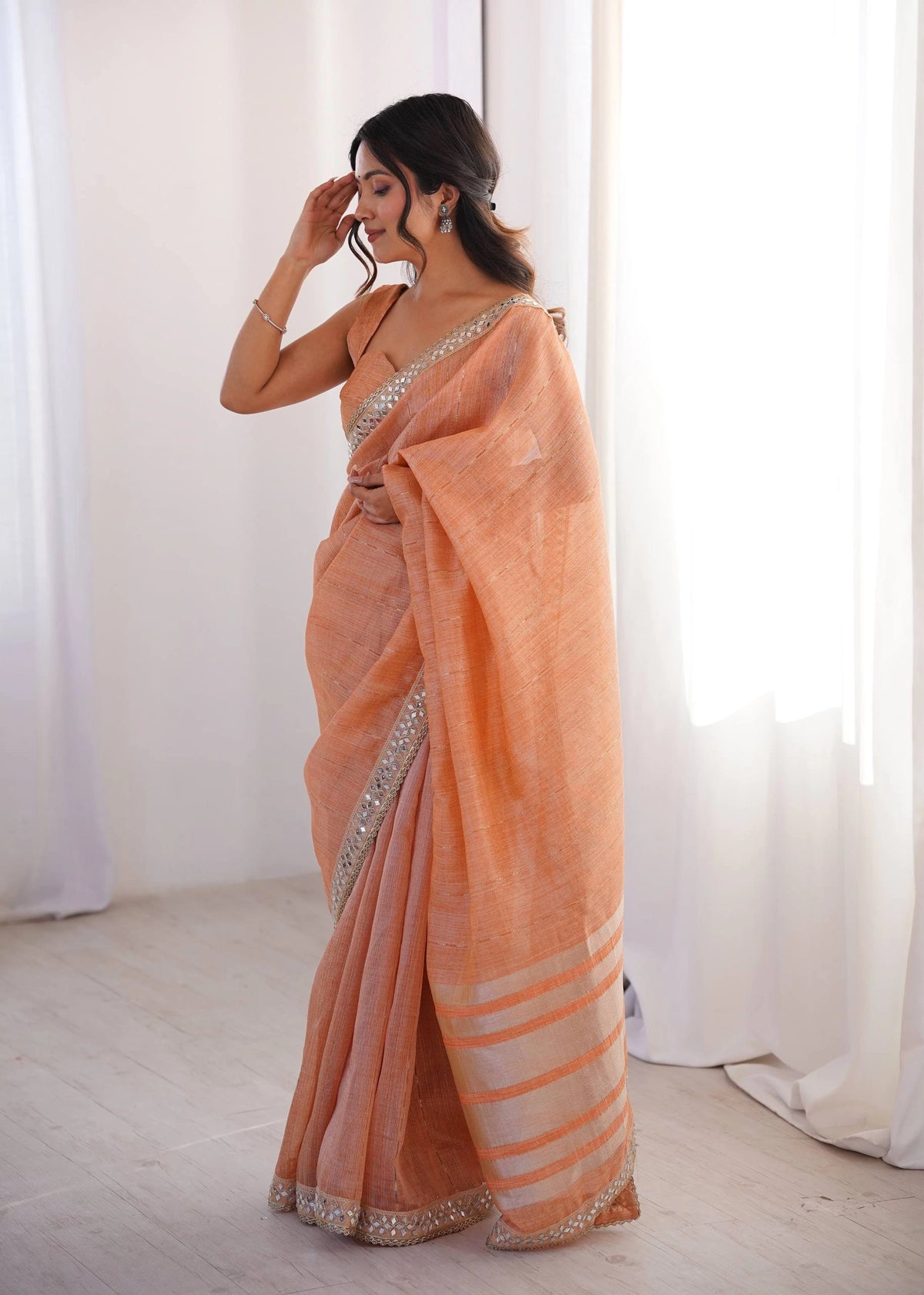 jari dori embroidered border and mirror work saree