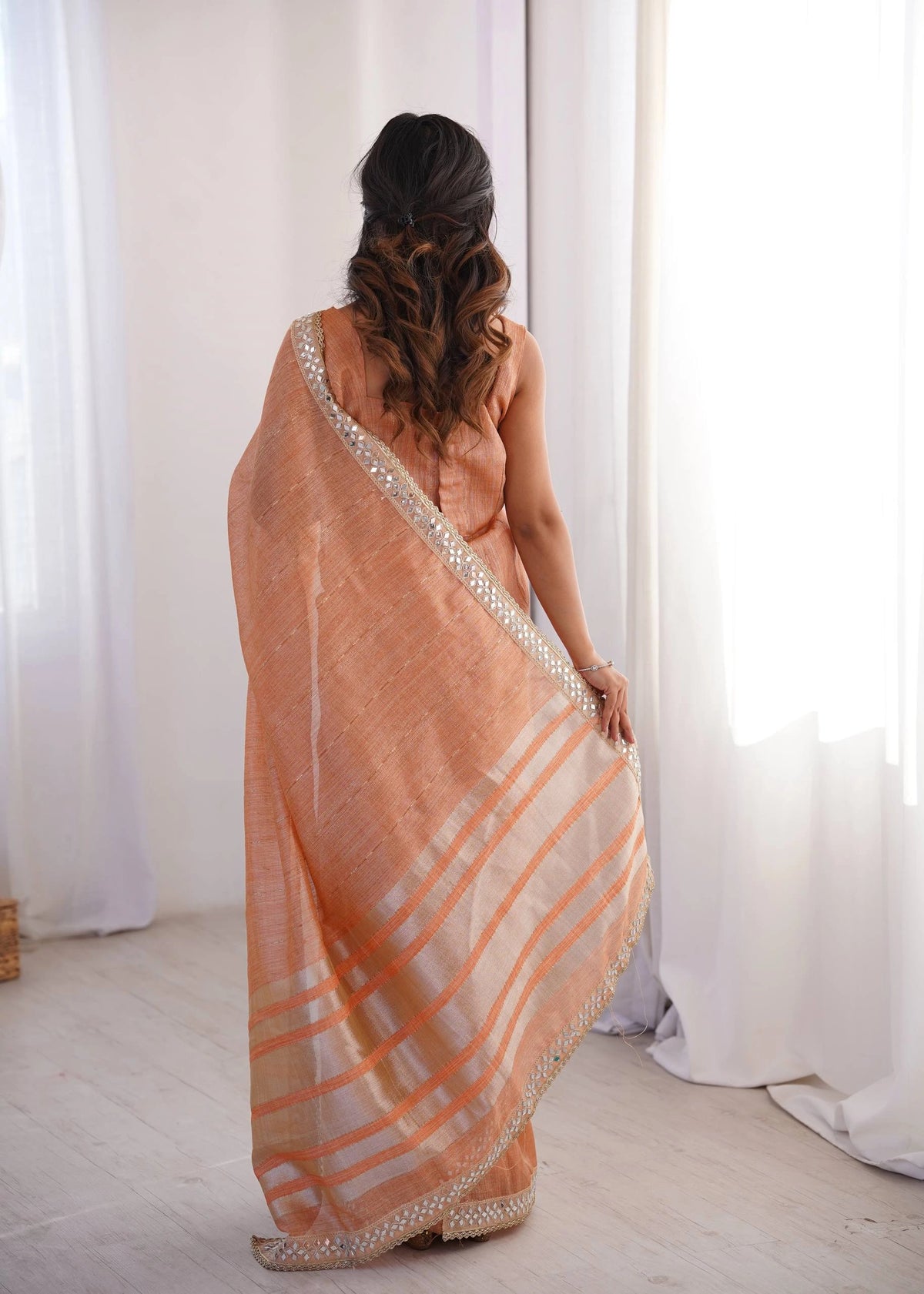 jari dori embroidered border and mirror work saree
