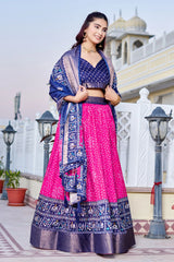 Woman in a traditional outfit with a blue and pink dress, standing outdoors.