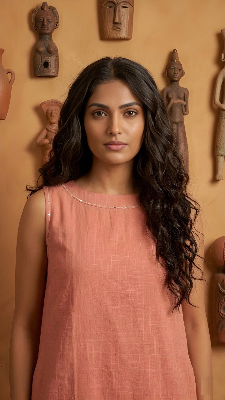 Woman in a peach dress standing against a wall with wooden sculptures.