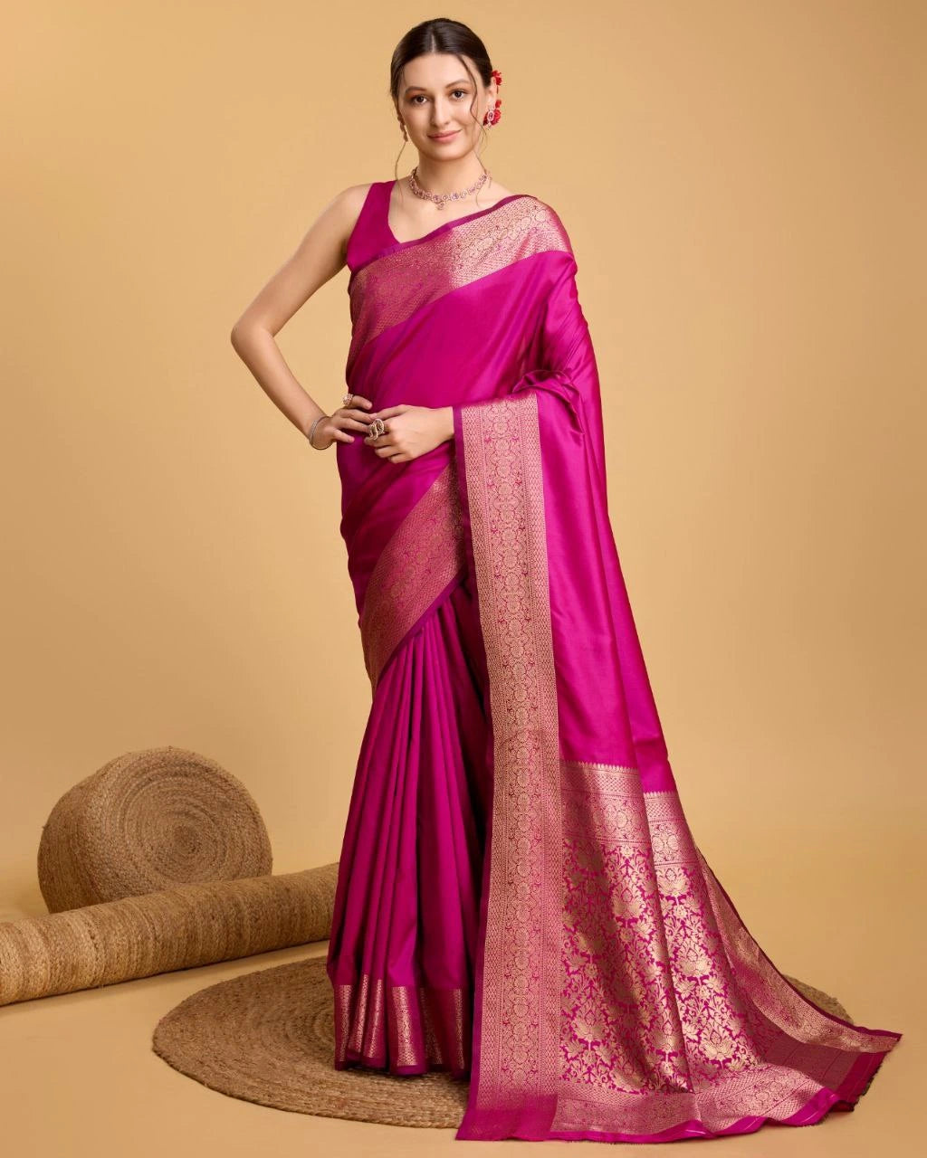 Woman wearing a pink saree with a beige background