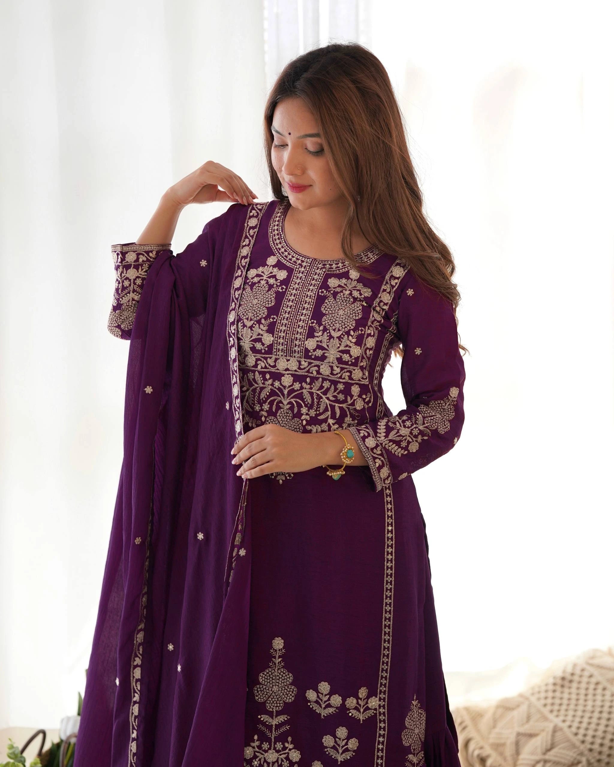 Dark Purple Chinon Silk Suit