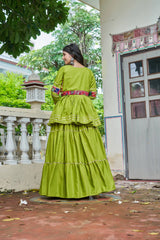 Middle Green Yellow Pure Cotton Lehenga