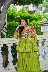 Middle Green Yellow Pure Cotton Lehenga