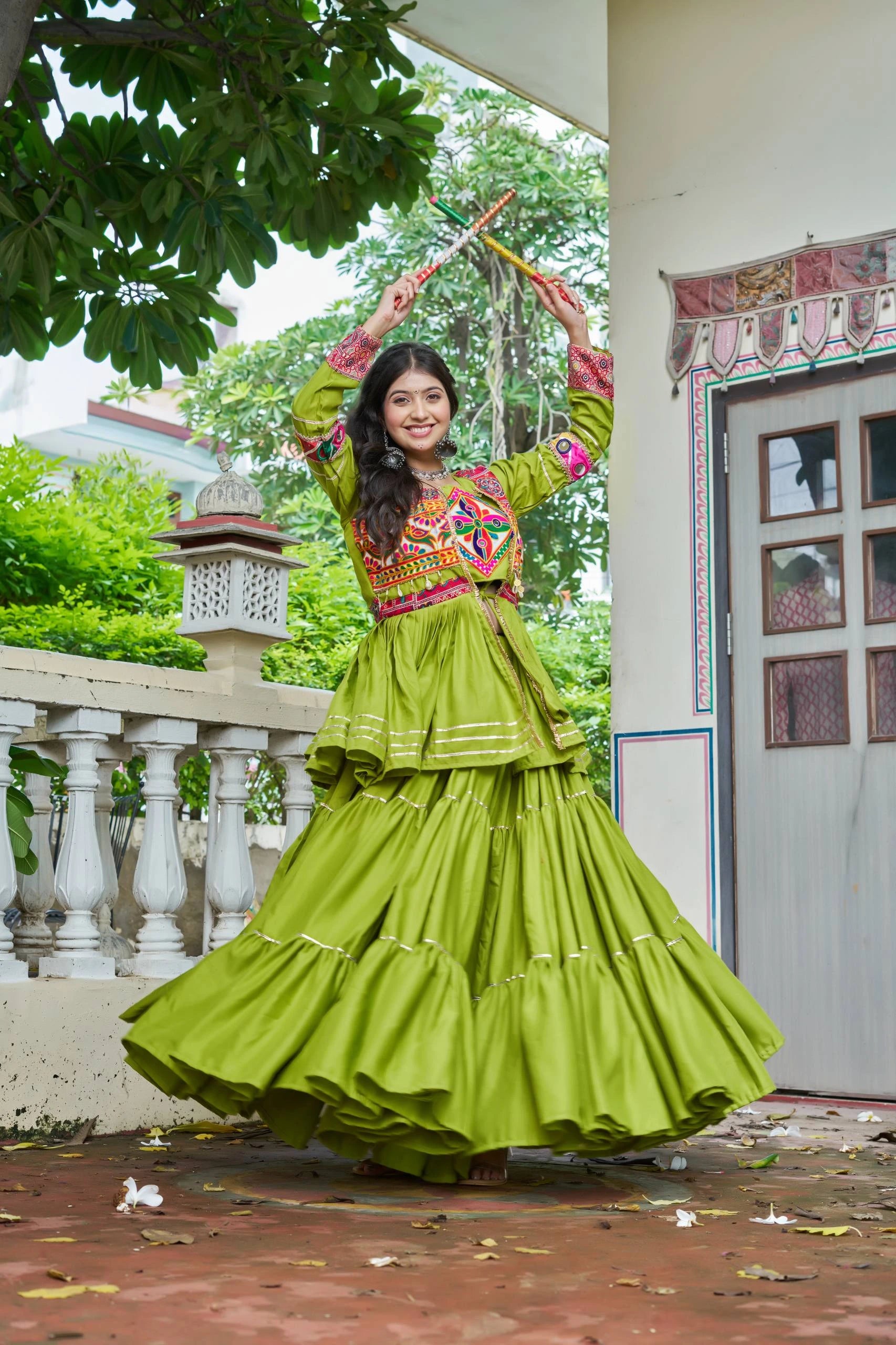 Middle Green Yellow Pure Cotton Lehenga