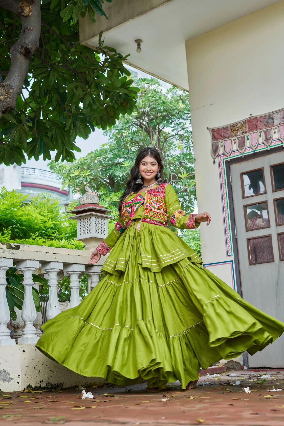 Middle Green Yellow Pure Cotton Lehenga