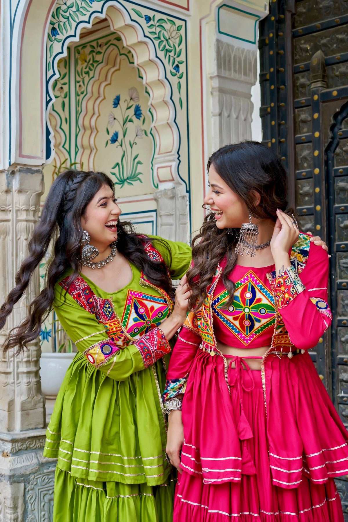Middle Green Yellow Pure Cotton Lehenga