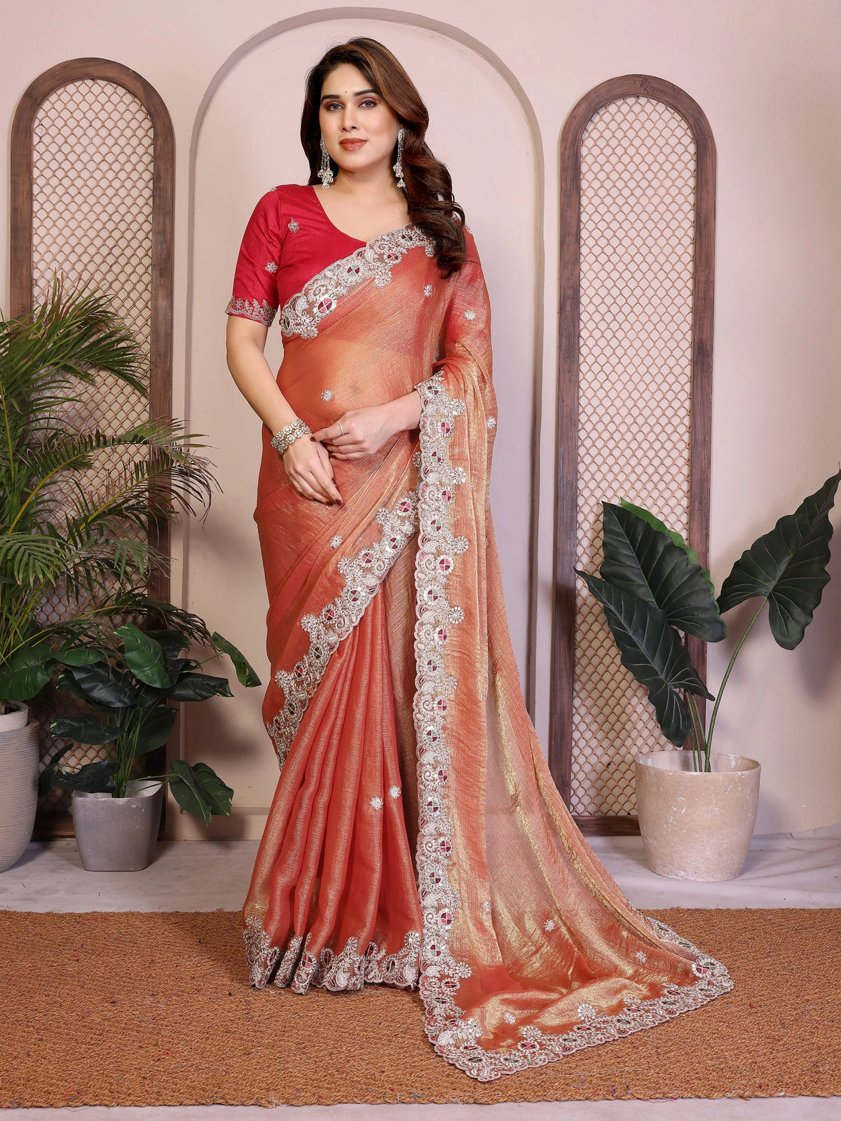 Light Orange Fendy Chiffon Silk Embroidered Saree