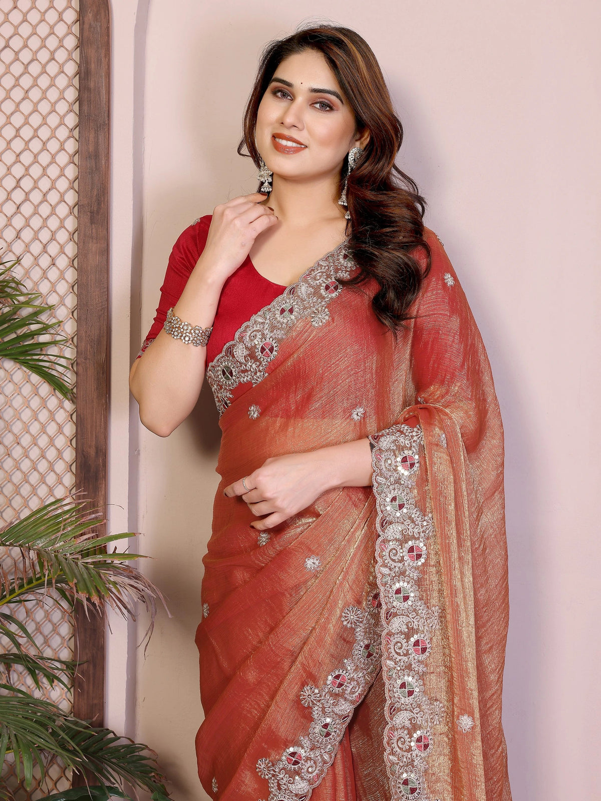 Light Orange Fendy Chiffon Silk Embroidered Saree