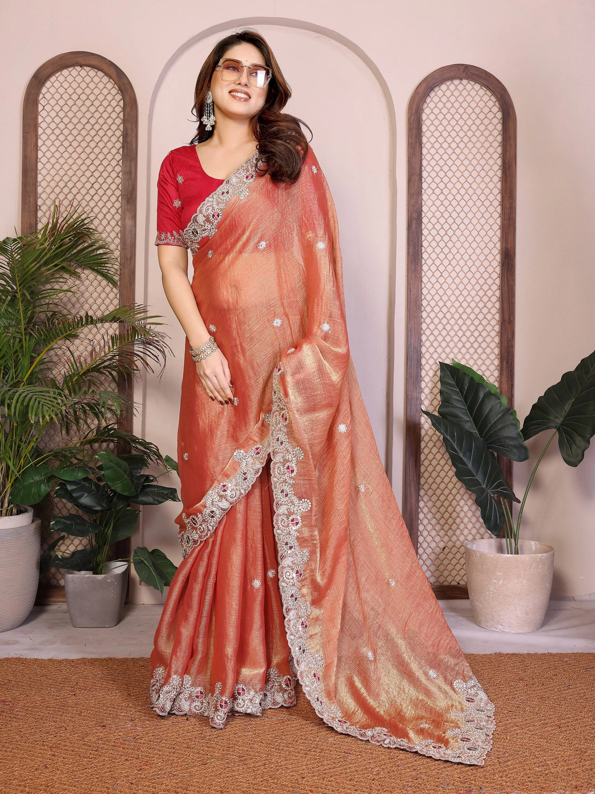 Light Orange Fendy Chiffon Silk Embroidered Saree