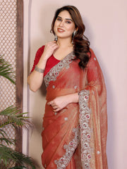 Light Orange Fendy Chiffon Silk Embroidered Saree