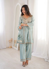 Sky Blue Heavy Organza Suit