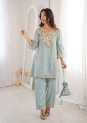 Sky Blue Heavy Organza Suit