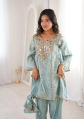 Sky Blue Heavy Organza Suit