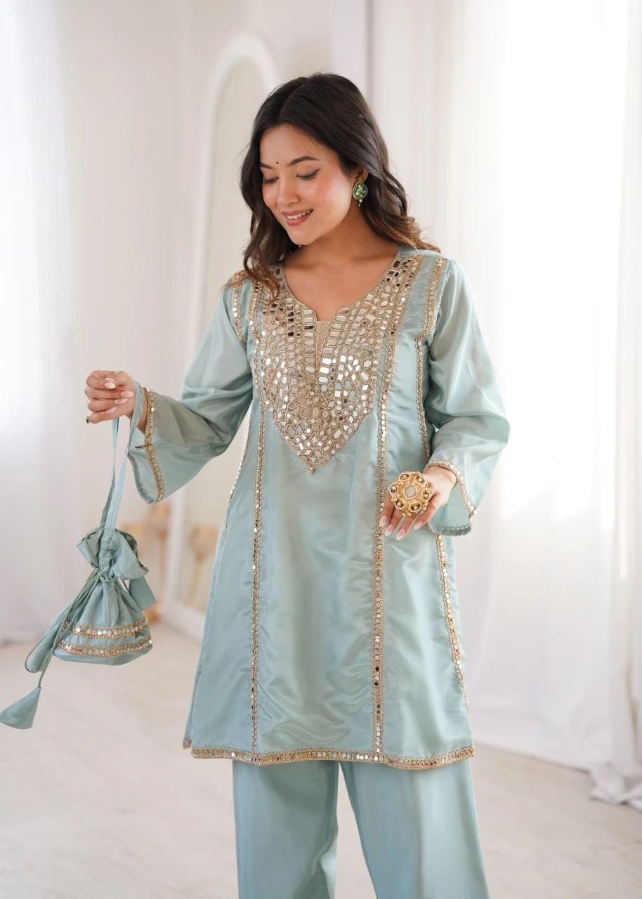 Sky Blue Heavy Organza Suit