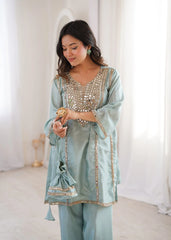 Sky Blue Heavy Organza Suit