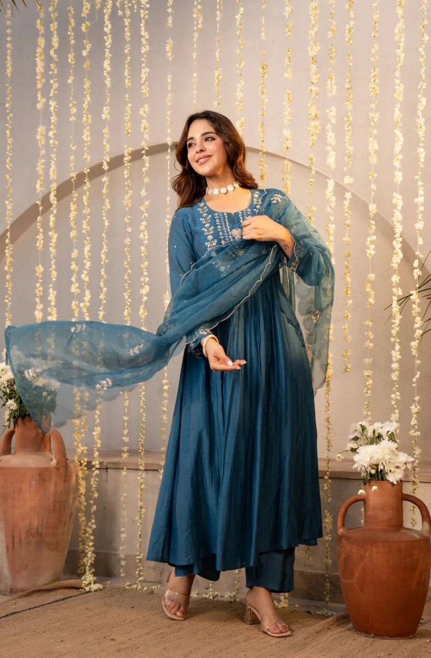 Dark Turquoise Chanderi Silk Kurti
