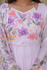 Beautiful pastel lavender Anarkali suit with floral embroidery, matching dupatta, and wide-leg palazzo pants.