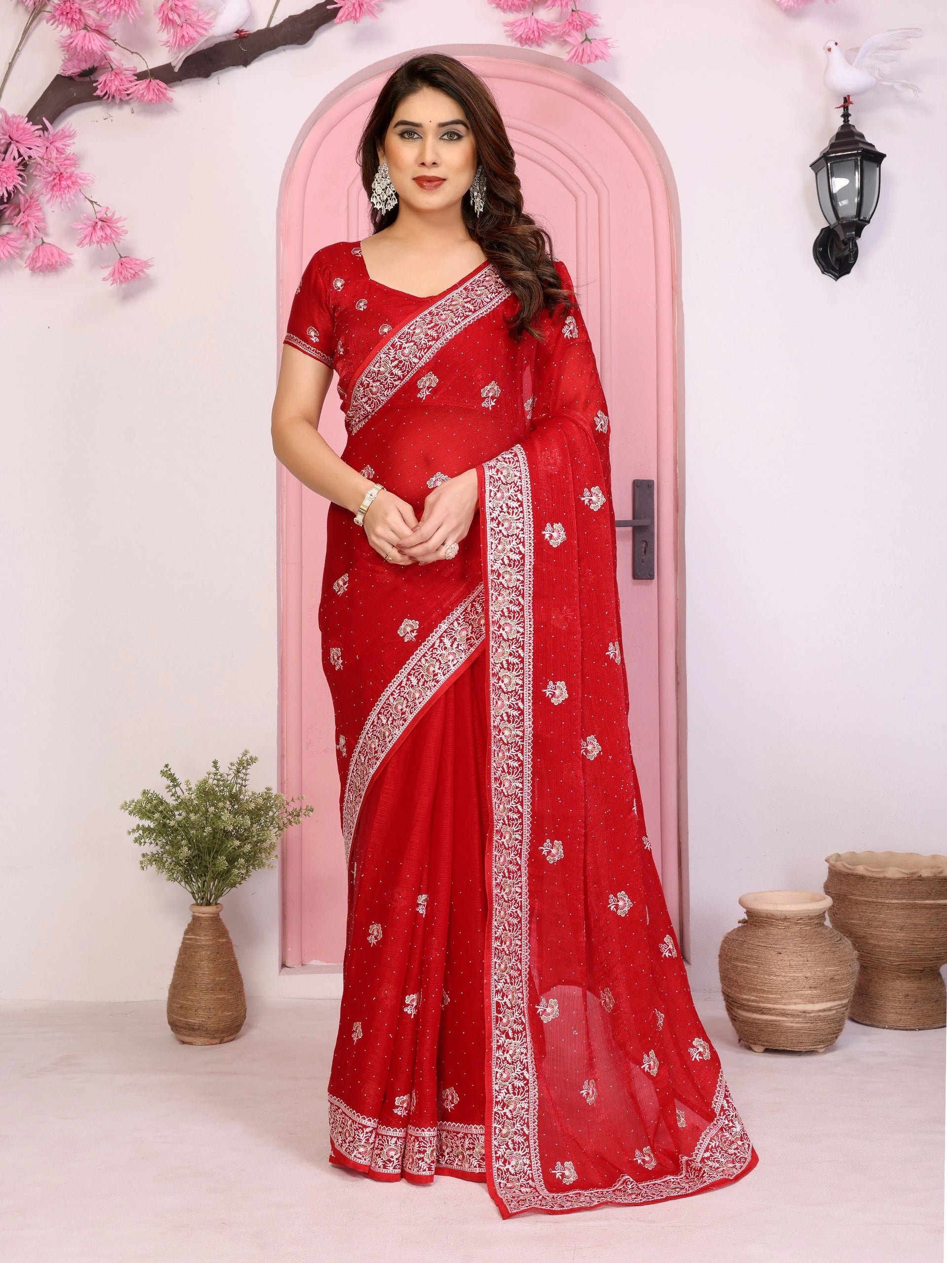 Red Fendy Chiffon Silk Saree