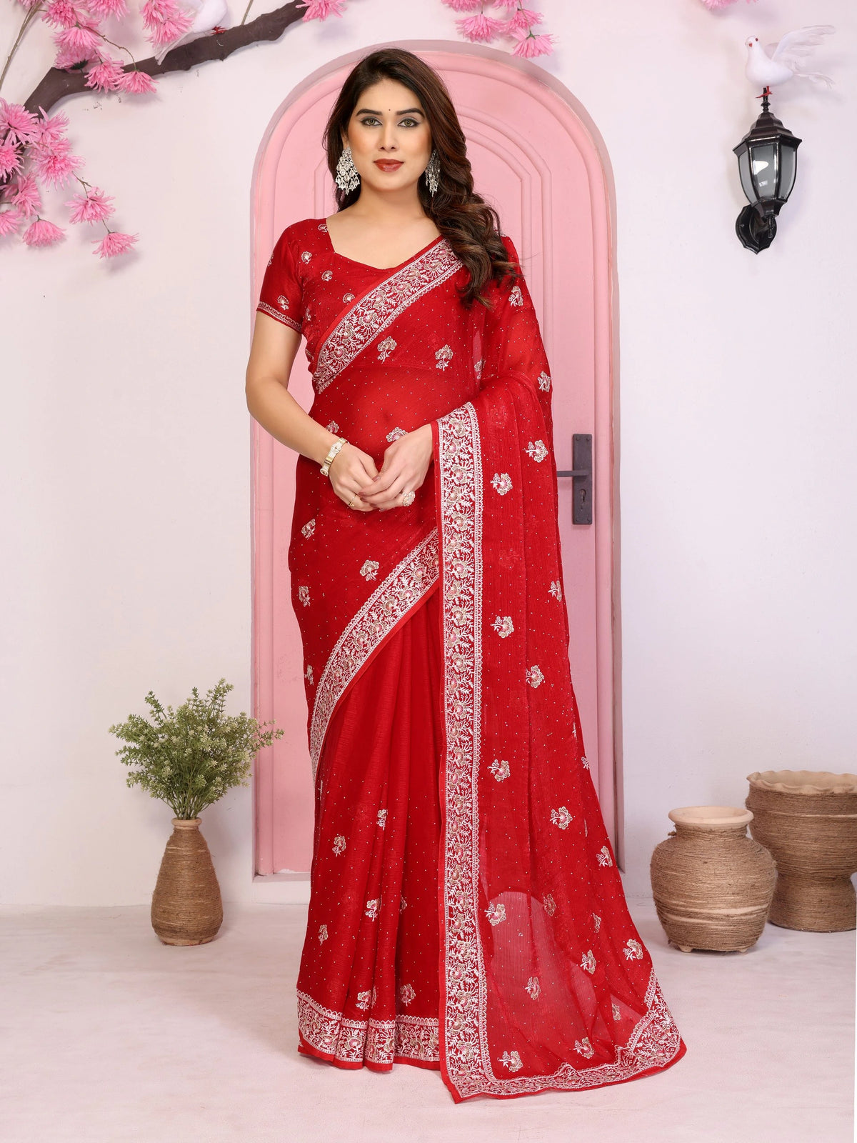 Red Fendy Chiffon Silk Saree