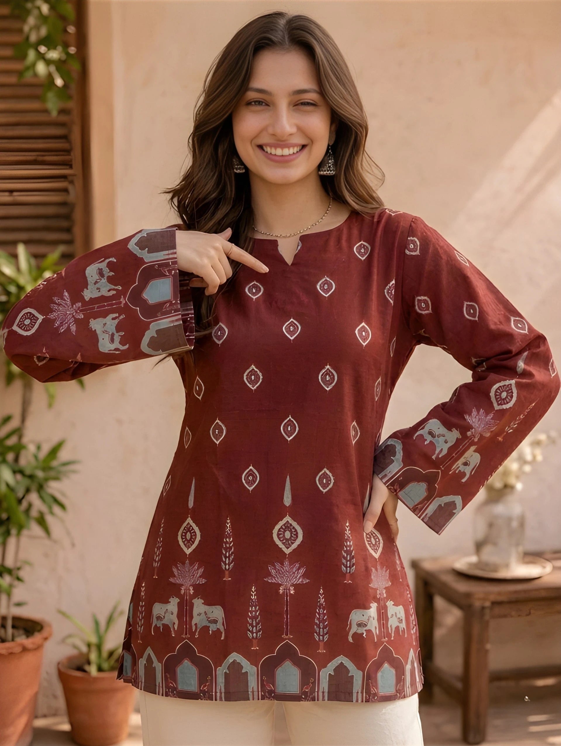 Dark Maroon Cotton Short Kurti
